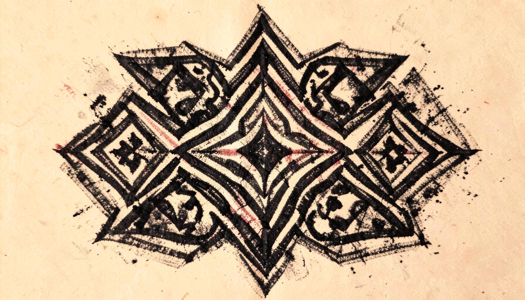 A bold charcoal drawing of a traditional Sak Yant geometric pattern with layered symmetrical lines and sacred motifs, rendered in deep black against a soft warm beige background.